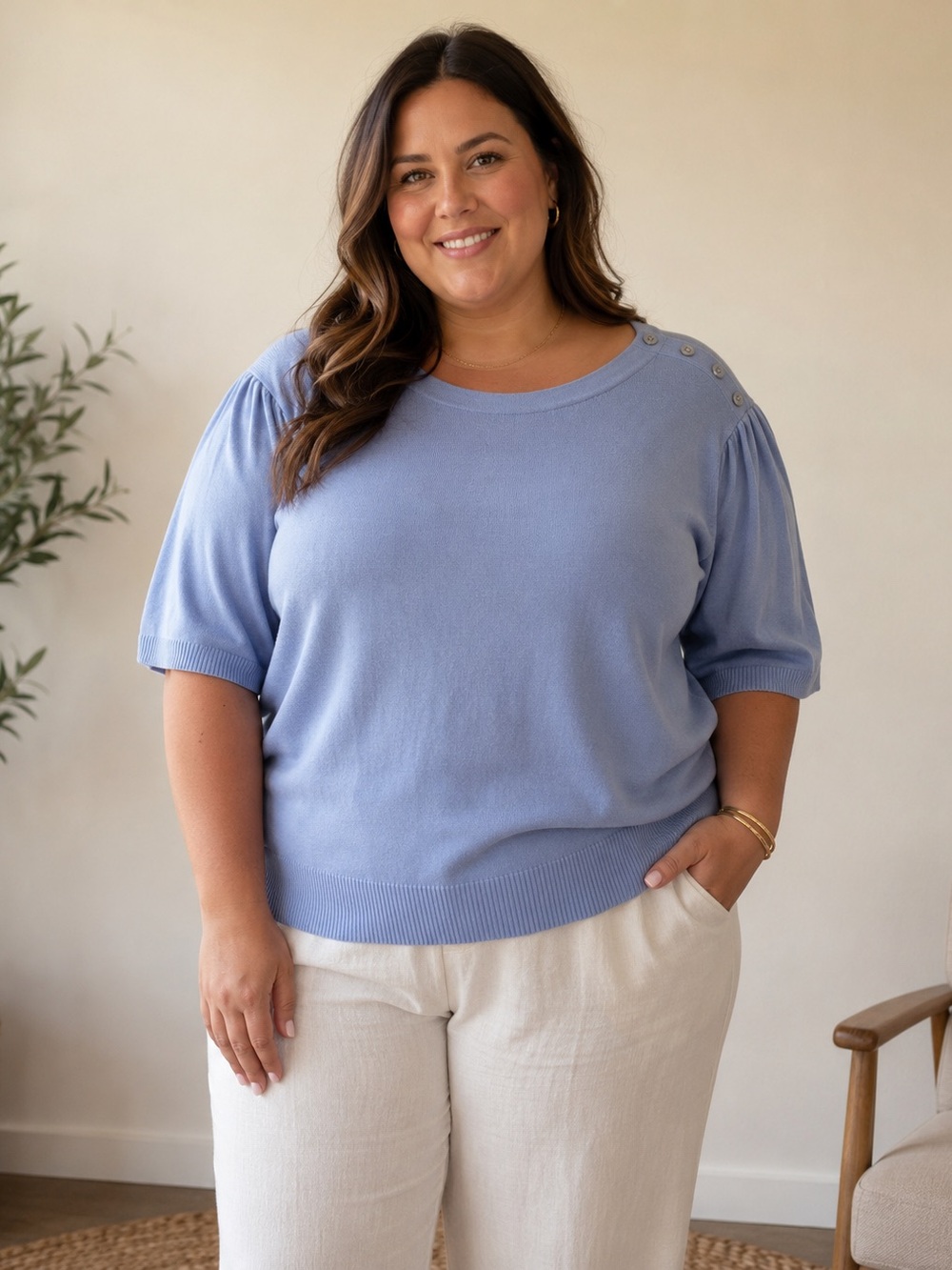 Talbots Light Blue Short Sleeve Button-Shoulder Light Sweater Knit Top Sz XL